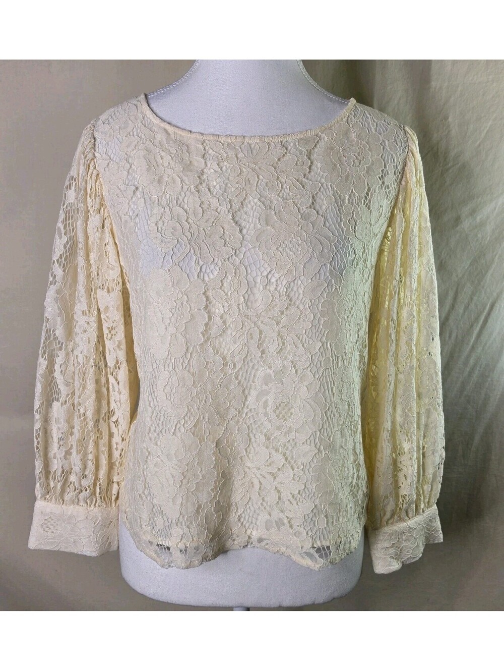 Zara Lace Blouse M Cream Floral Long Sleeve Puff Cuff NWT